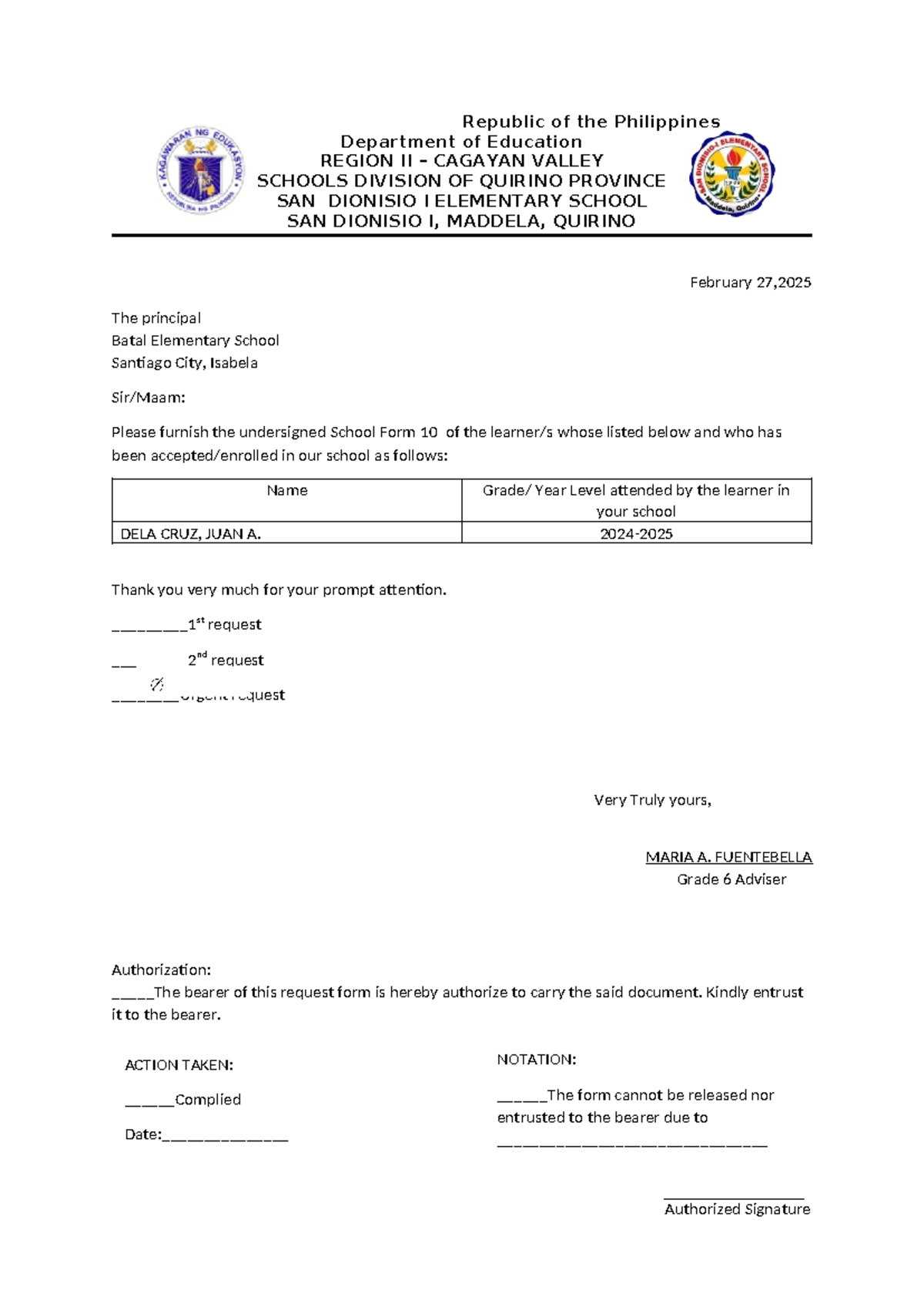 FORM 137 - Request Letter for School Form 10 Release - Studocu