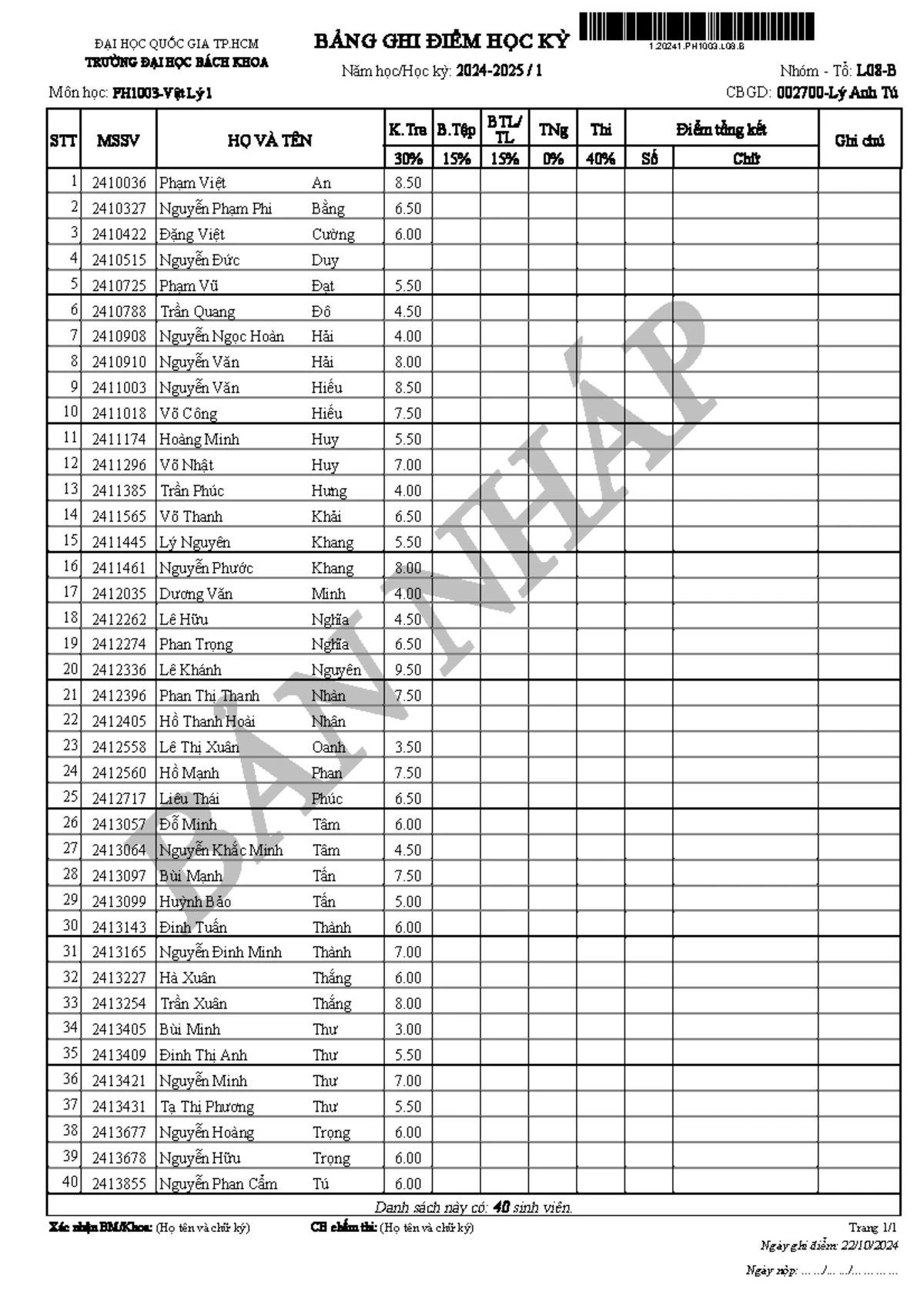 Bang diem nhap - 1.20241.PH1003.L08.C - BẢN NHÁP ĐẠI HỌC QUỐC GIA TP ...