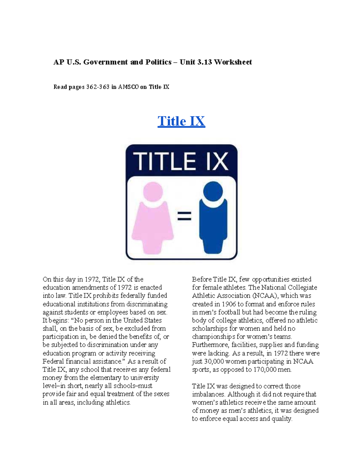 AP U.S. Government and Politics Unit 3.13: Title IX & Affirmative ...