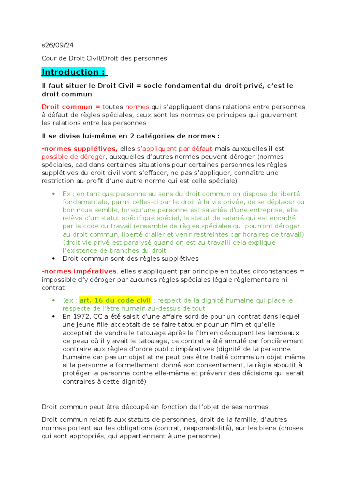Cours 1 - s26/09/ Cour de Droit Civil/Droit des personnes Introduction ...