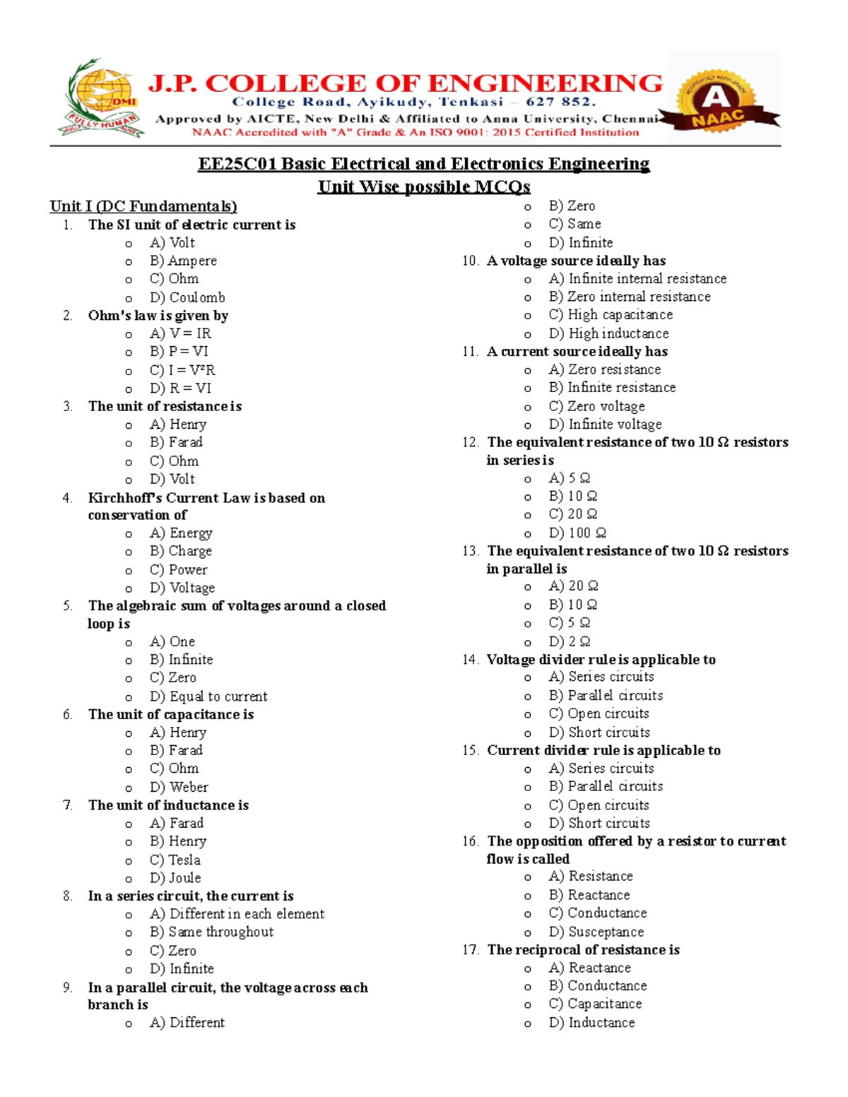 EE25C01 Basic Electrical & Electronics Engg: Unit Wise MCQs - Studocu