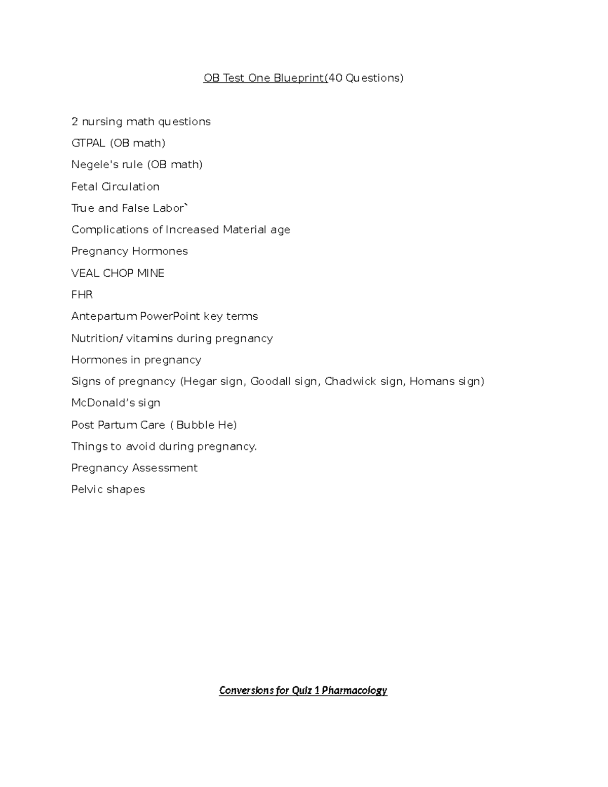 OB TEST ONE Blueprint - OB Test One Blueprint(40 Questions) 2 nursing ...