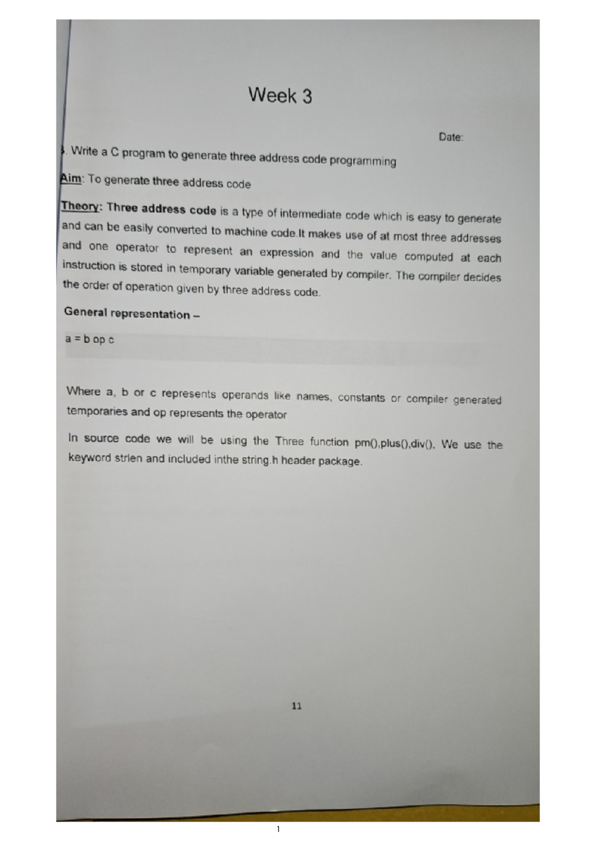 Compiler Design Lab (CD3): Three Address Code Generation Program - Studocu