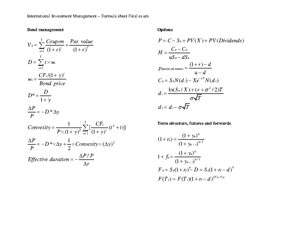 International Investment Management - Final Exam Formula Sheet ...