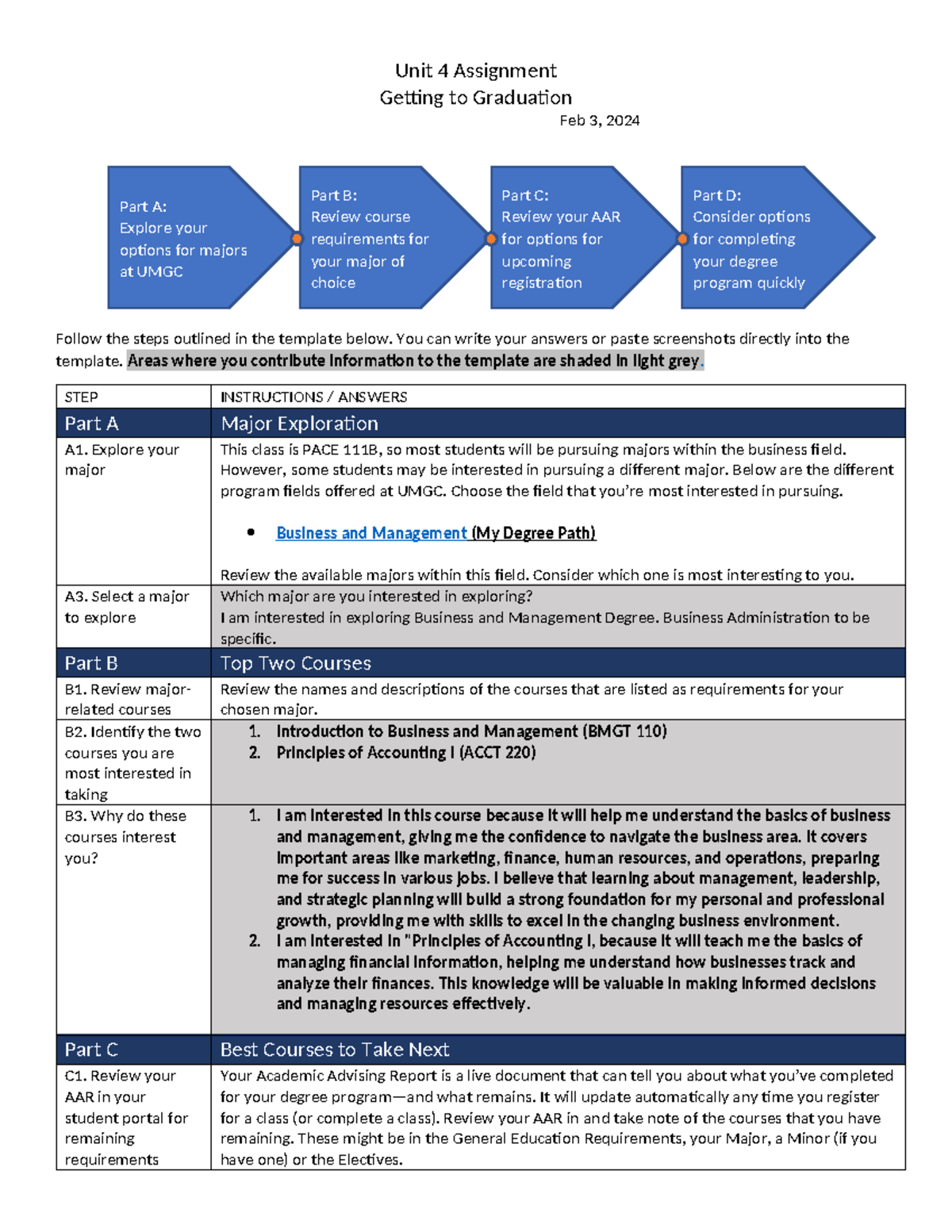 Unit 4 Assignment: Major Exploration & Graduation Steps (PACE 111B ...