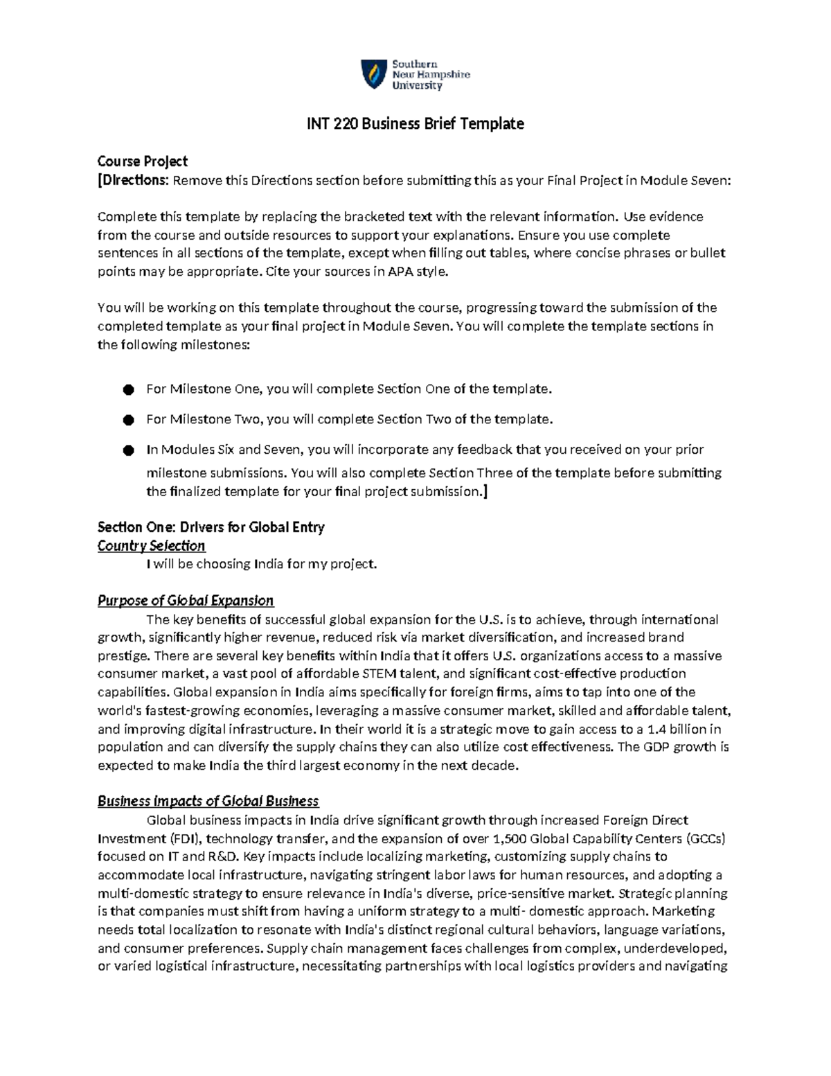 INT 220 Business Brief Template: Global Expansion Project - Studocu