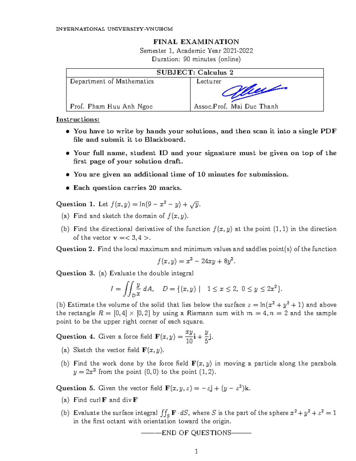 Calculus 2 (MATH 2122) International Final Exam - Semester 1 - Studocu