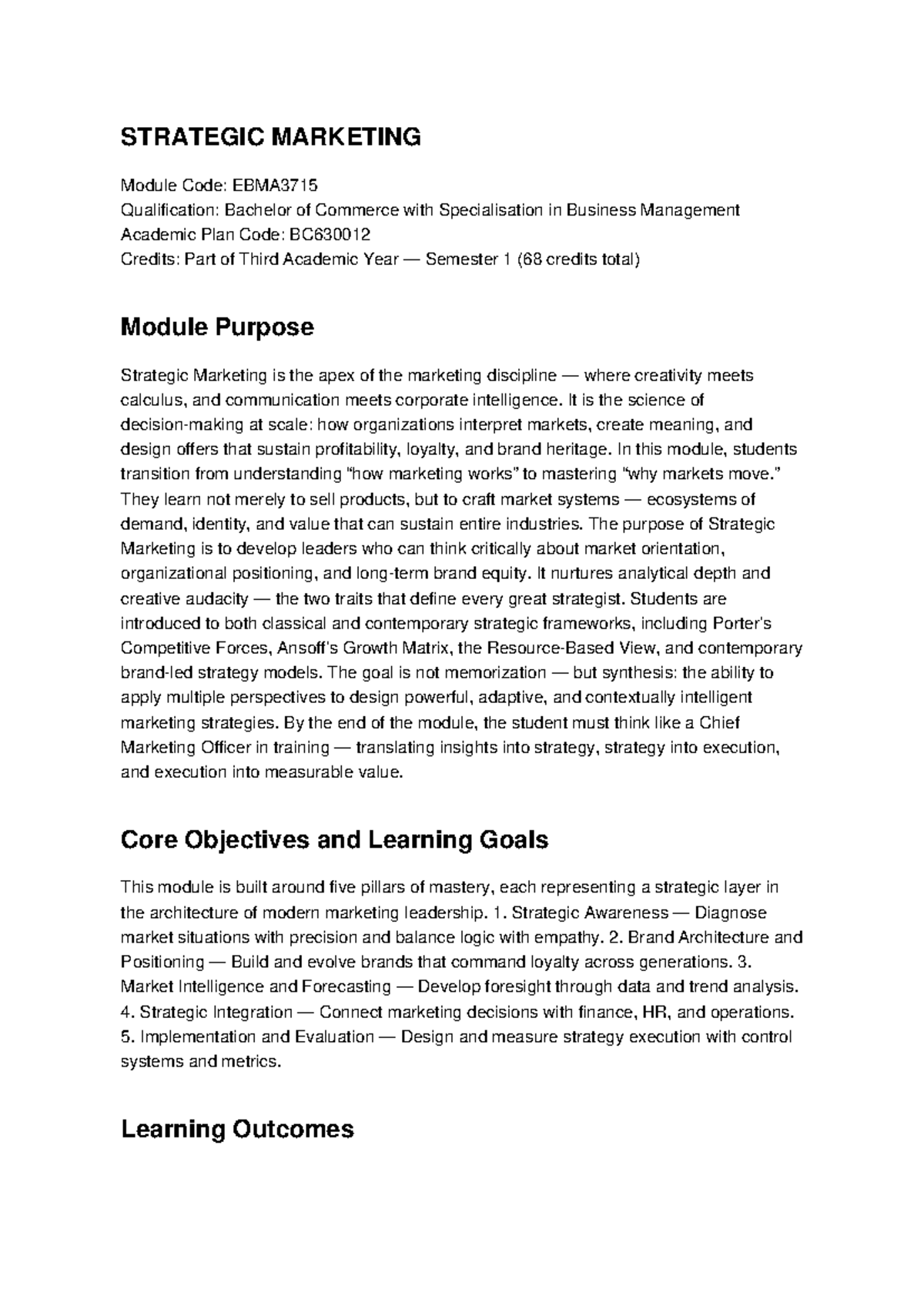 Strategic Marketing Overview and Learning Outcomes - EBMA3715 - Studocu