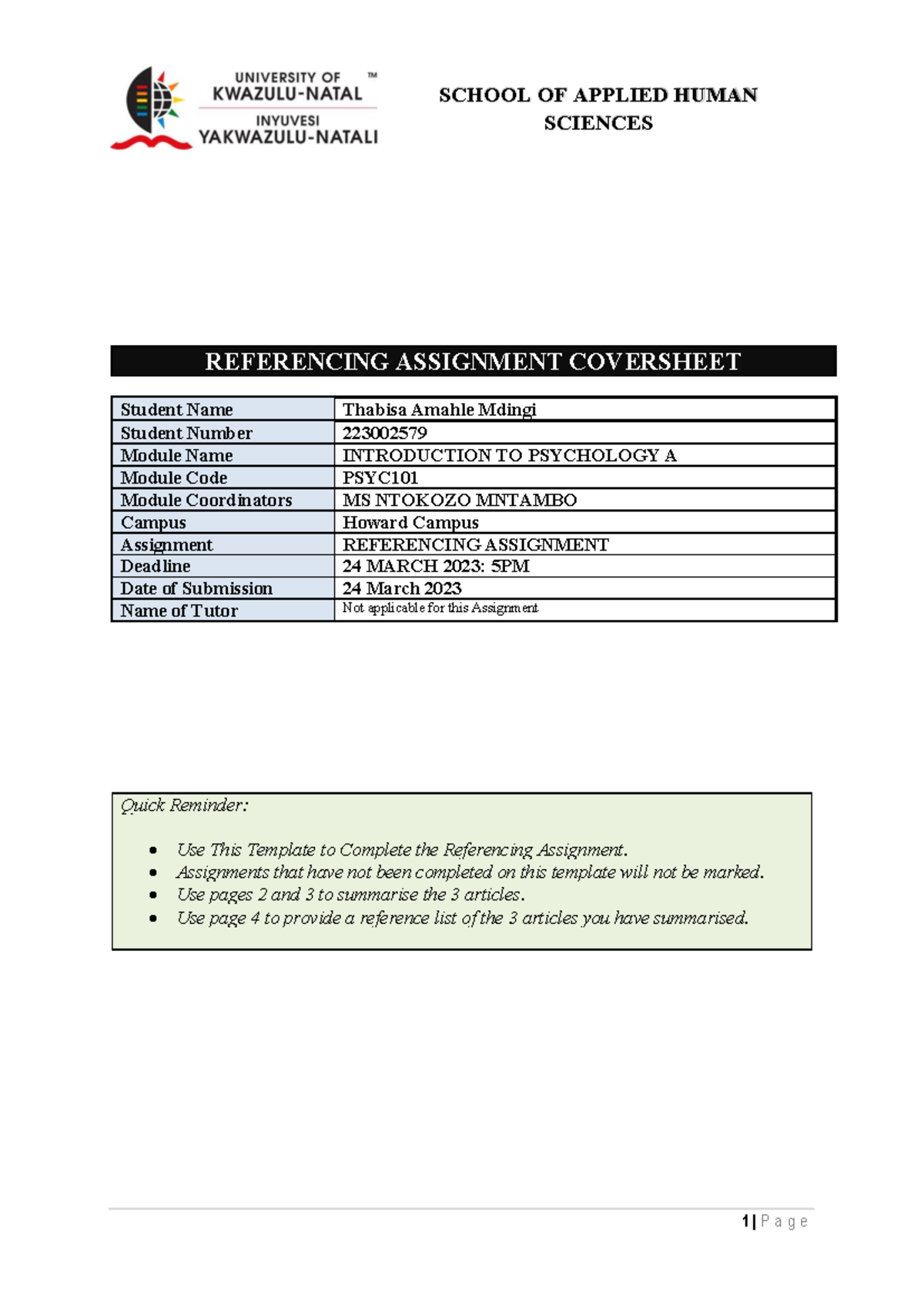 Psychology 101 referencing assiginment - SCHOOL OF APPLIED HUMAN ...