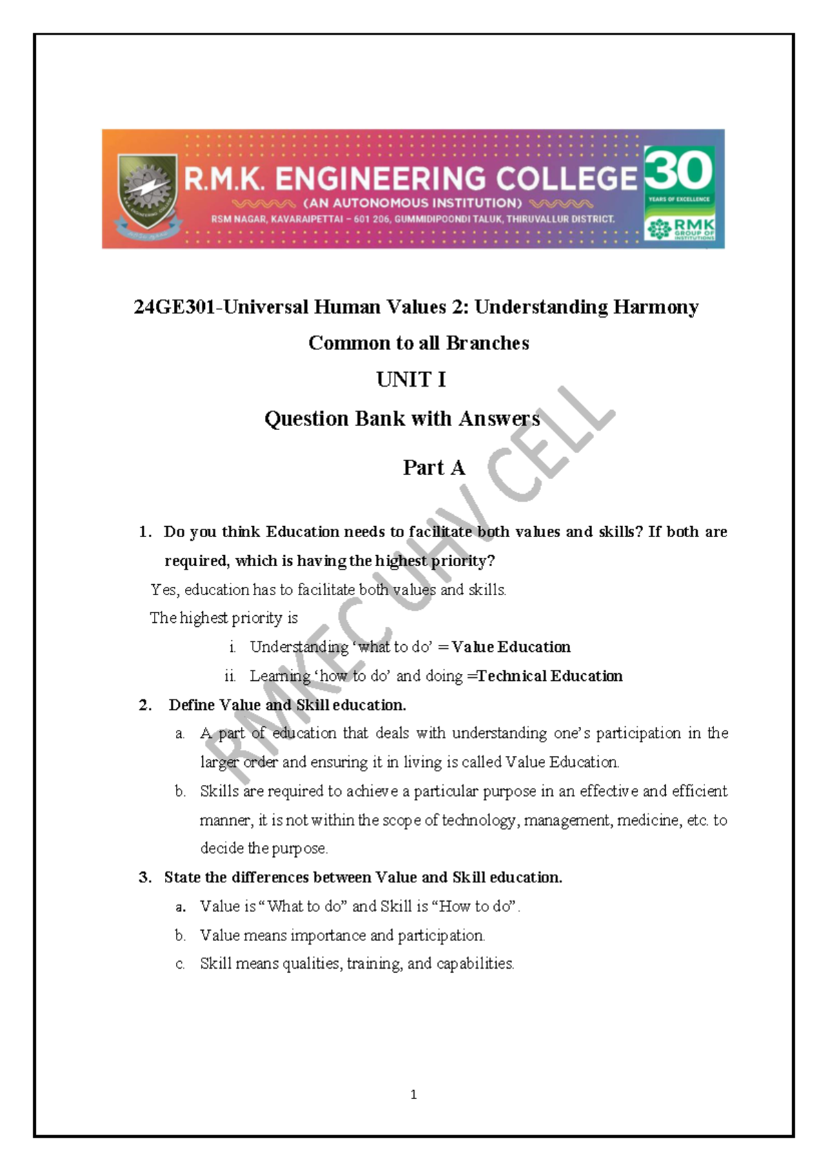 Human Values 2: UNIT I Q&A Bank on Harmony and Education - Studocu