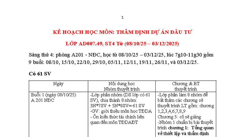 KHHT AD007.49 - Kế Hoạch Học Thẩm Định Dự Án Đầu Tư - Studocu