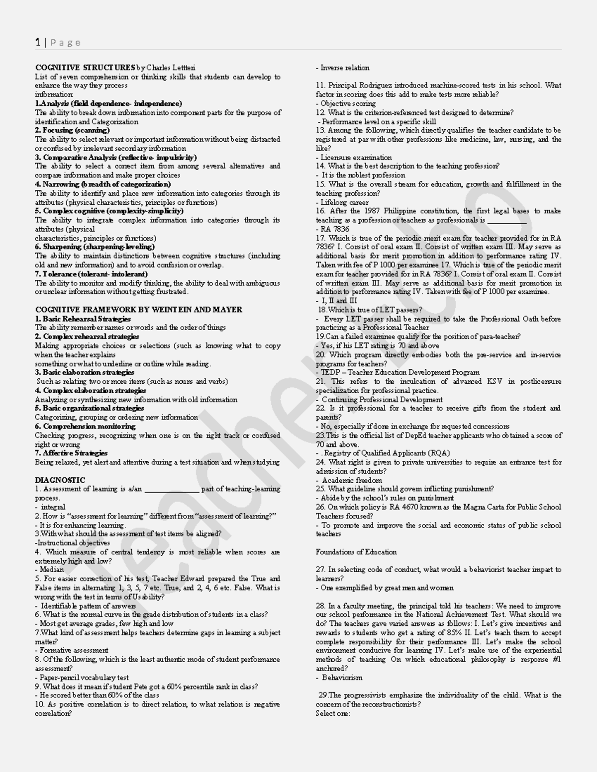 Drill Questions for LET Review: Cognitive Skills and Assessment ...