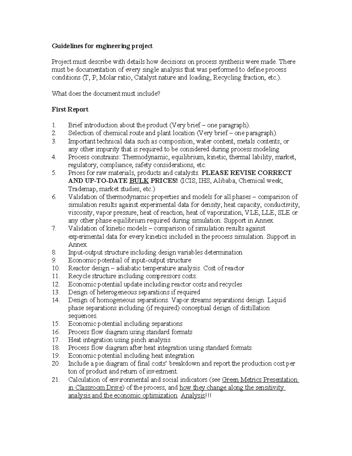 Guidelines for Engineering Project (ENGR 101): Process Synthesis Report ...
