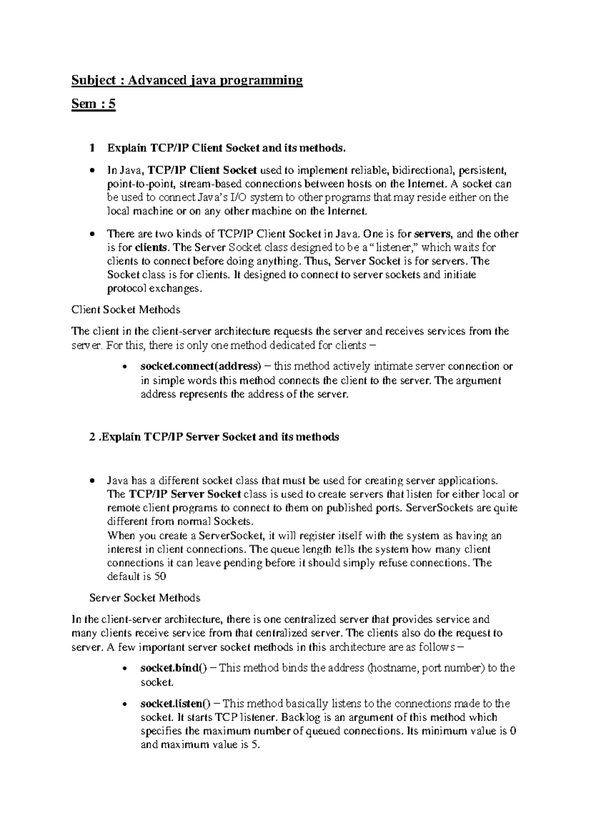Advanced Java Programming: Client and Server Sockets Explained (Sem 5 ...
