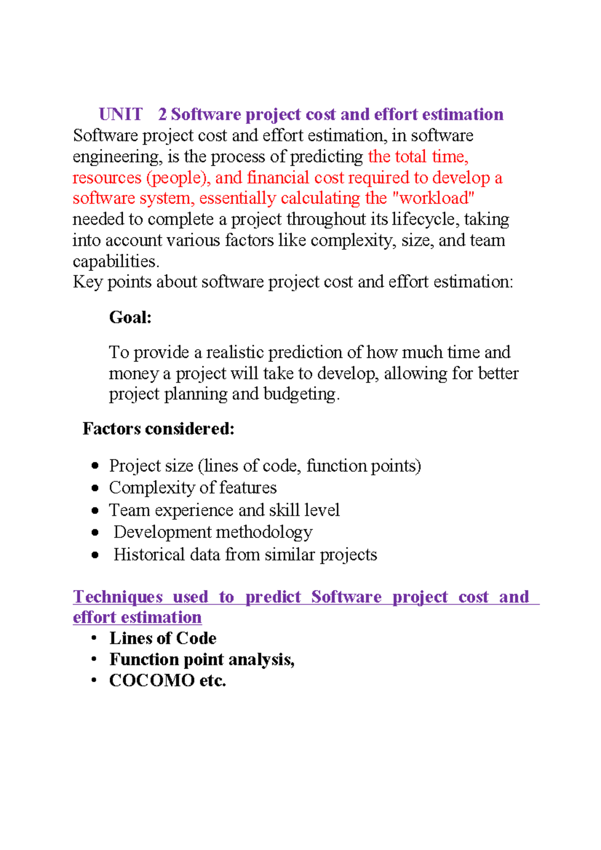 Unit 2 - SEPM software project cost and effort estimation notes - Studocu