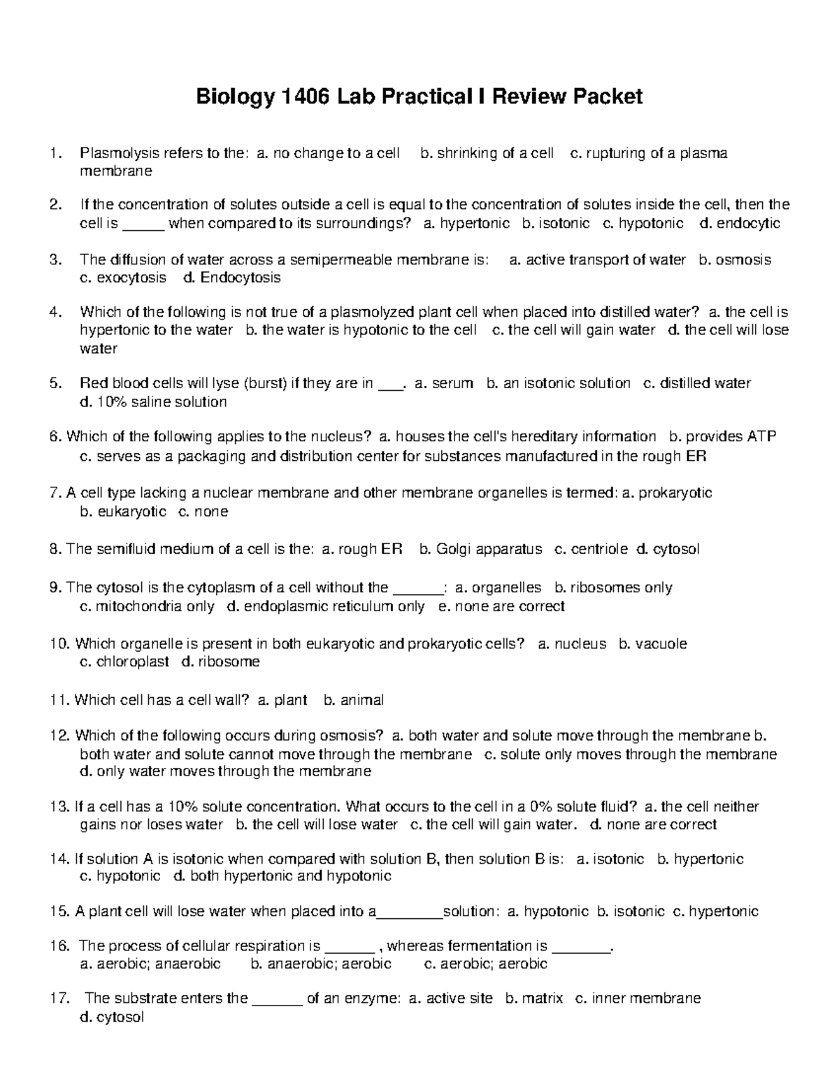 Biology 1406 Lab Practical I Review: Key Concepts and Practice ...