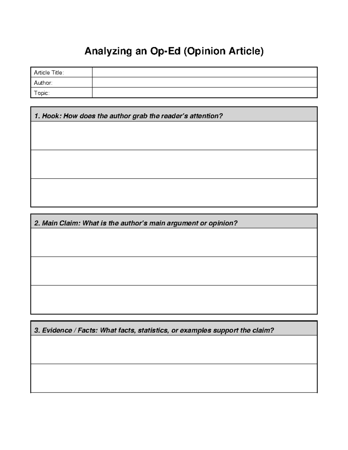 Op ed graphic organizer boxes - Analyzing an Op-Ed (Opinion Article ...