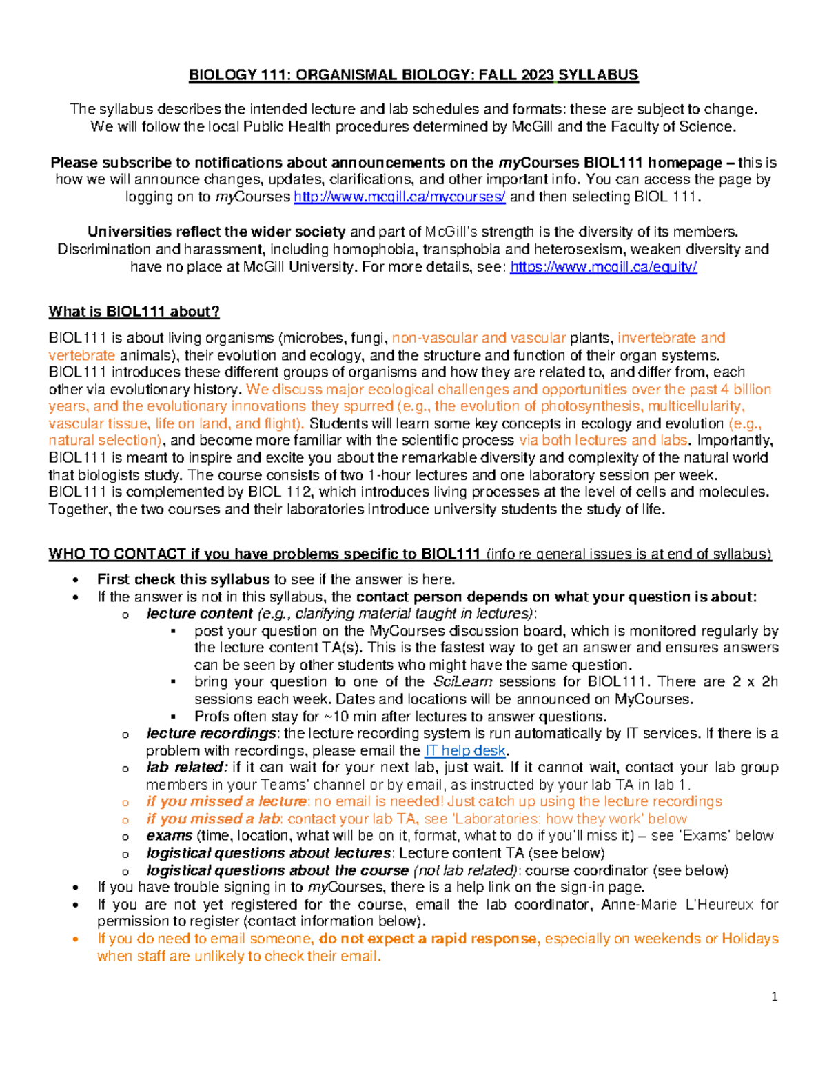 Fall 2023 BIOL 111: Organismal Biology Course Syllabus - Studocu