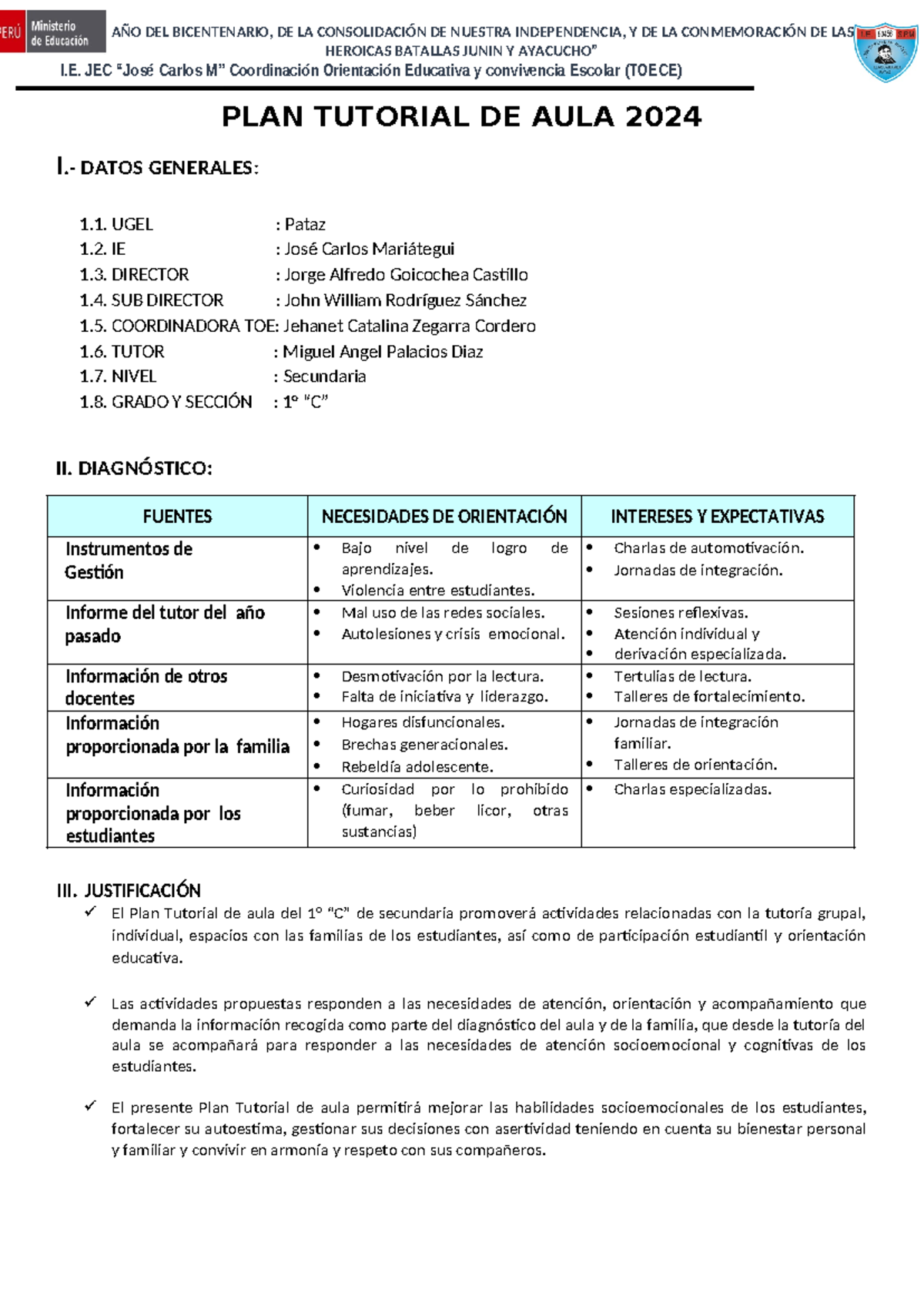 Plan Tutorial de Aula 2024 - 1° "C" Secundaria (IE José Carlos M) - Studocu