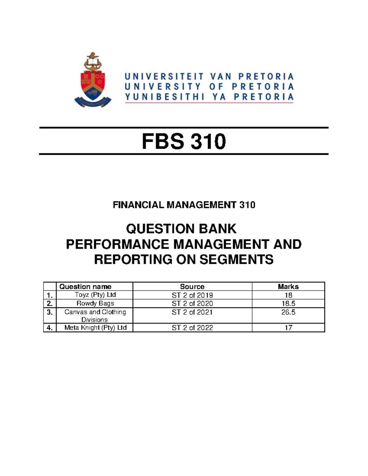 FBS 310 Question Bank: Performance Management & Reporting on Segments ...