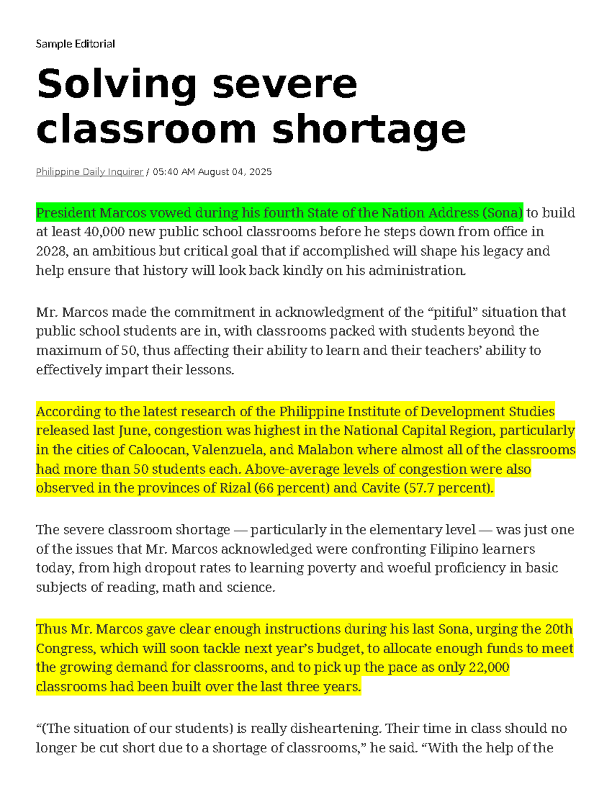 Sample Editorial: Addressing Classroom Shortages in the Philippines ...