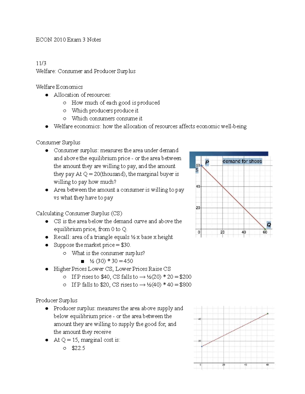 ECON 2010 - Exam 3 Notes: Consumer & Producer Surplus Analysis - Studocu