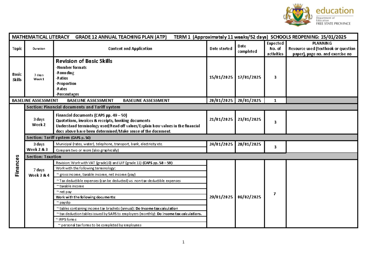 2025 MATHEMATICAL LITERACY GRADE 12 TERM 1 ANNUAL TEACHING PLAN - Studocu