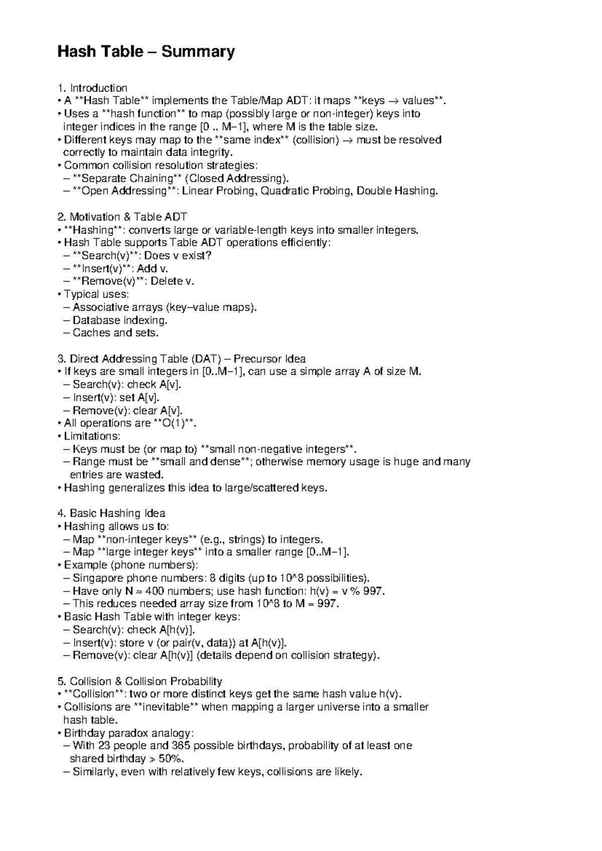 Hash Table Summary: Key Concepts and Collision Resolution Techniques ...