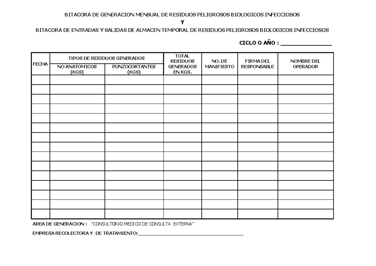 Bitacora RPBI - BITACORA DE GENERACION MENSUAL DE RESIDUOS PELIGROSOS ...