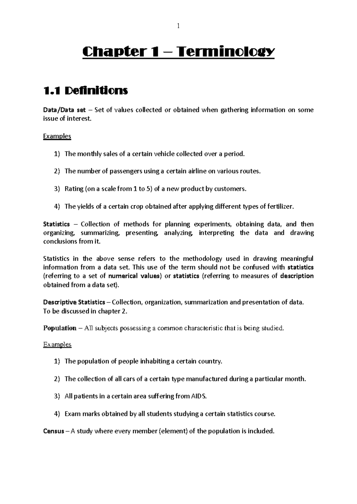 Statistics 101: Chapter 1 & 2 Terminology and Descriptive Stats - Studocu