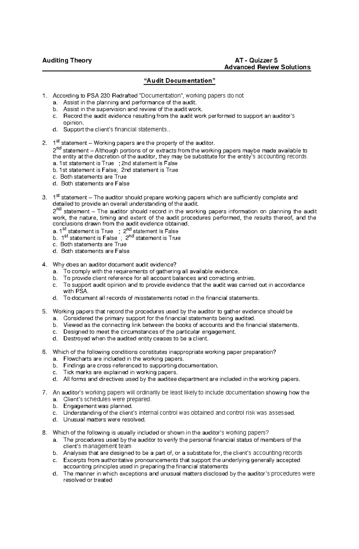 AT Quizzer 5: Key Concepts in Audit Documentation and Working Papers ...