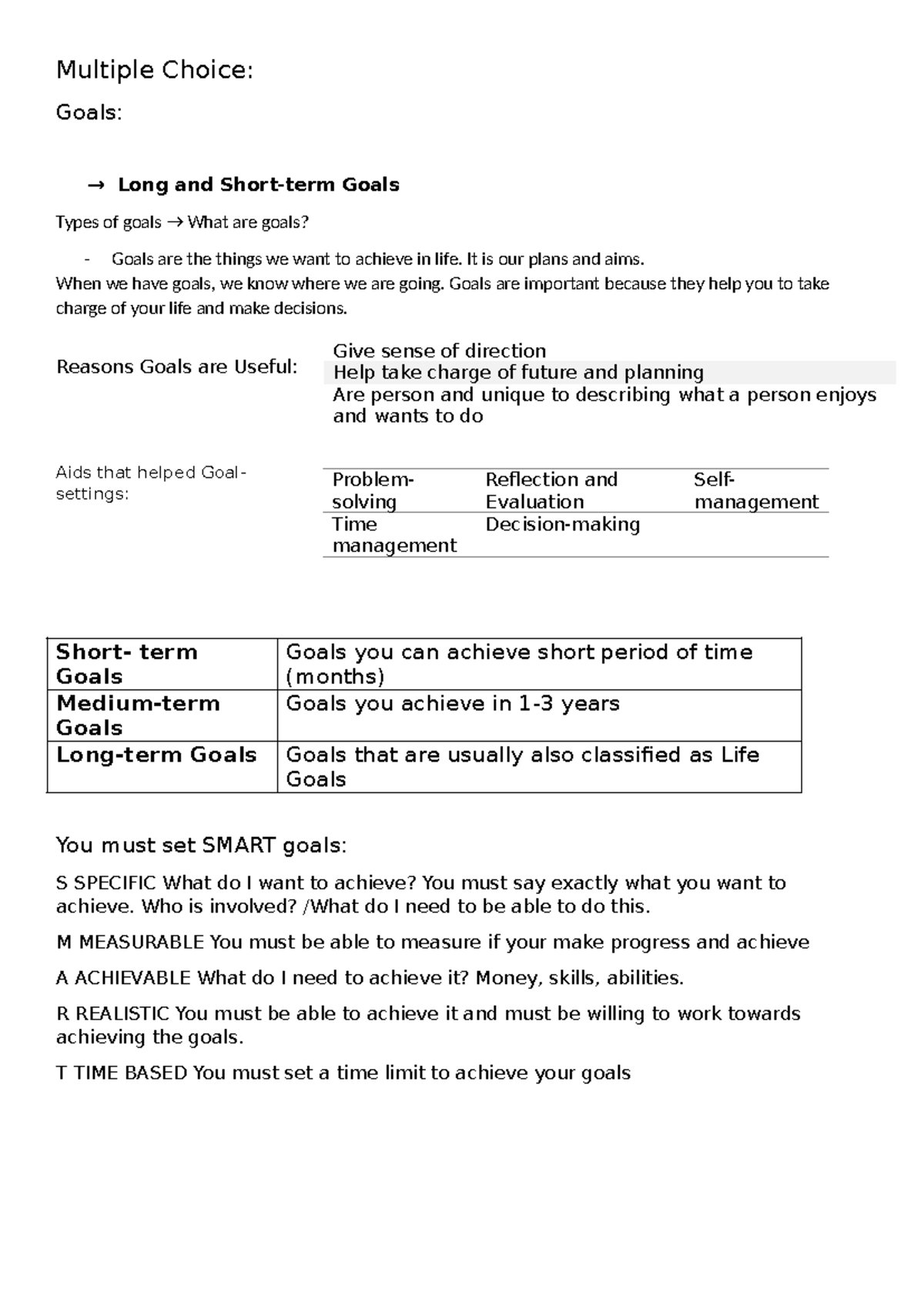 Life Oreintation Notes Termm 4 - Multiple Choice: Goals: Long and Short ...