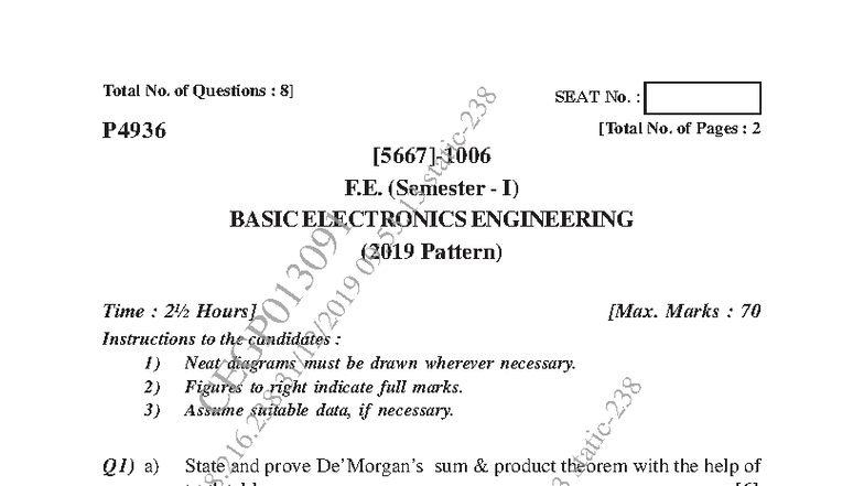 BXE 8.2 Basic Electronics Engineering - Semester I Exam (2019) - Studocu