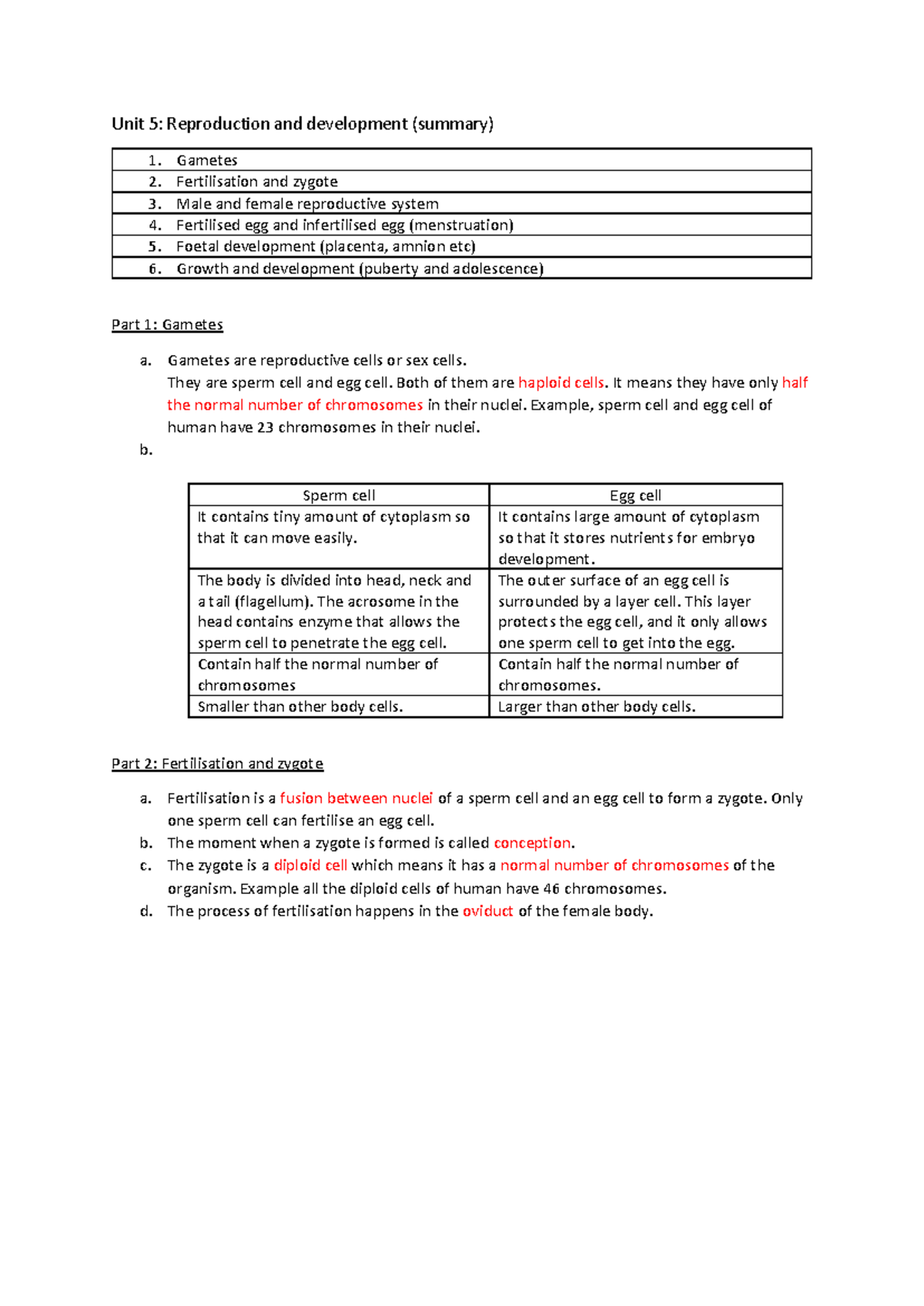 Unit 5: Reproduction and Development Summary Notes - Studocu
