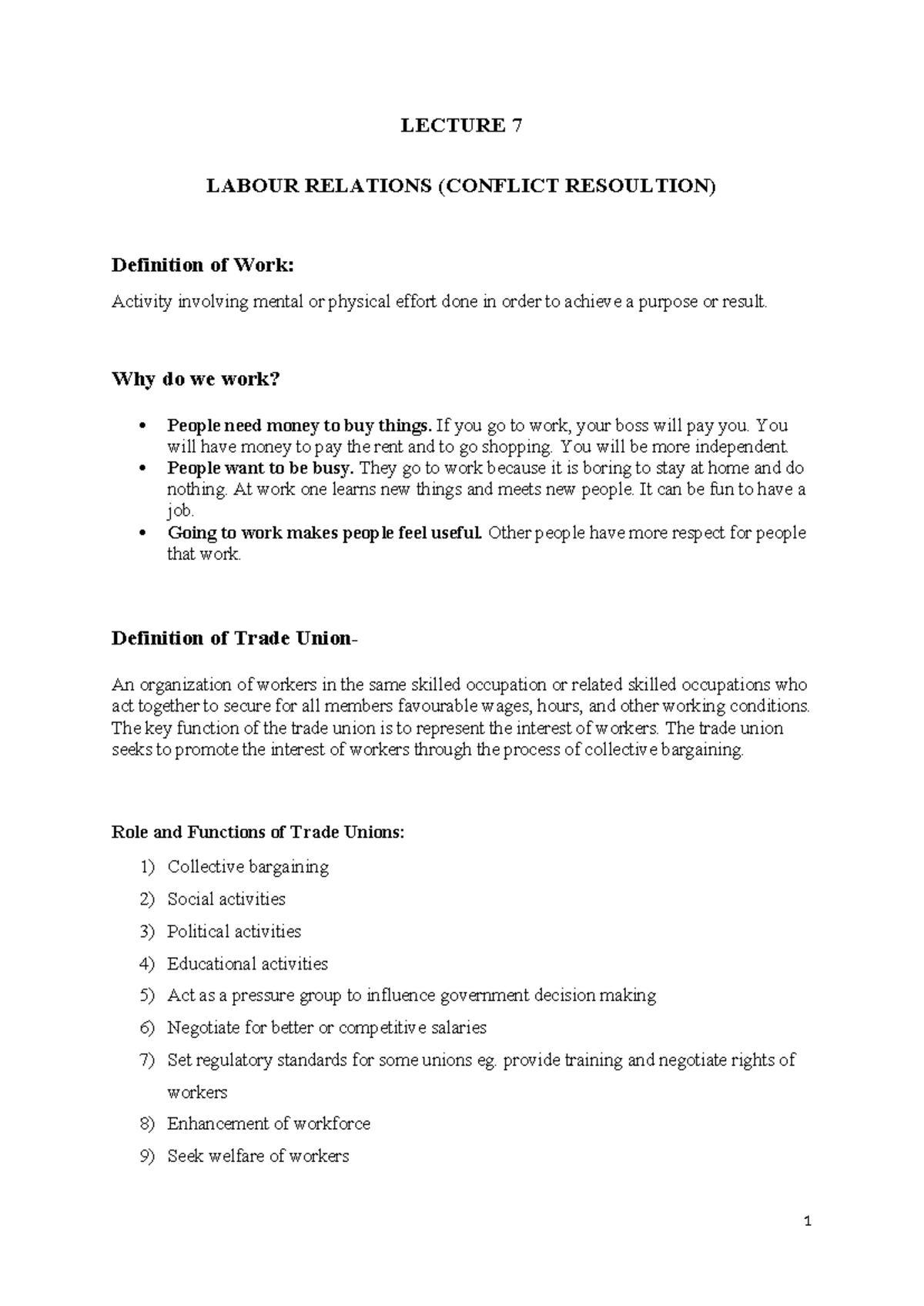 LECTURE 7: LABOUR RELATIONS & CONFLICT RESOLUTION - Studocu