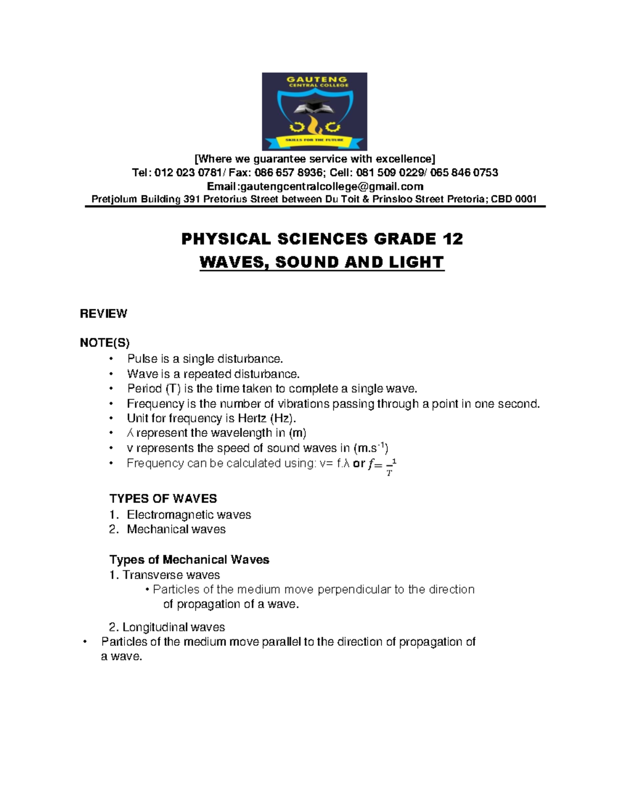 Physical Sciences Grade 12: Doppler Effect Review Notes - Studocu