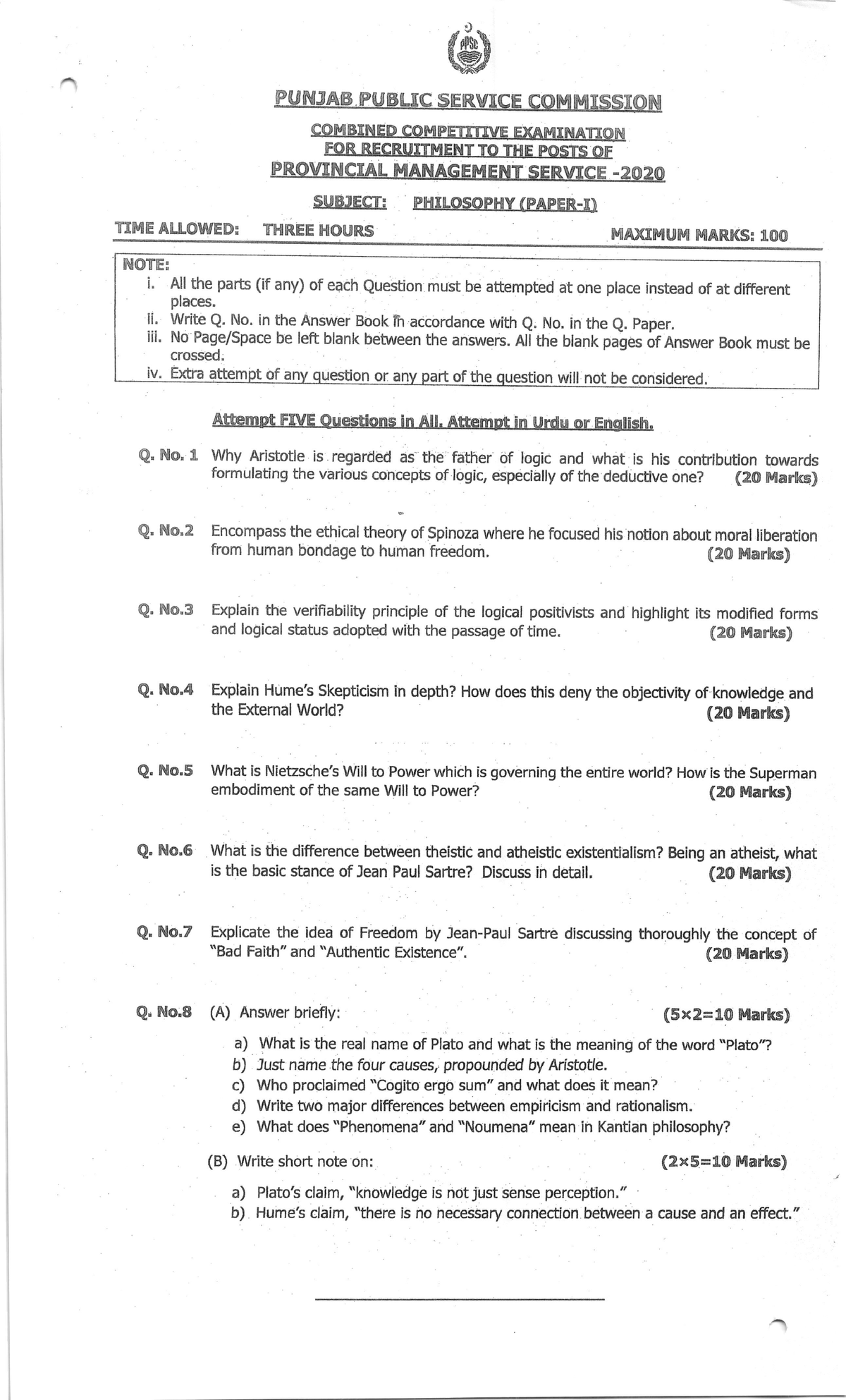 PMS-2020-Philosophy Paper I Exam: Key Topics & Questions - Studocu
