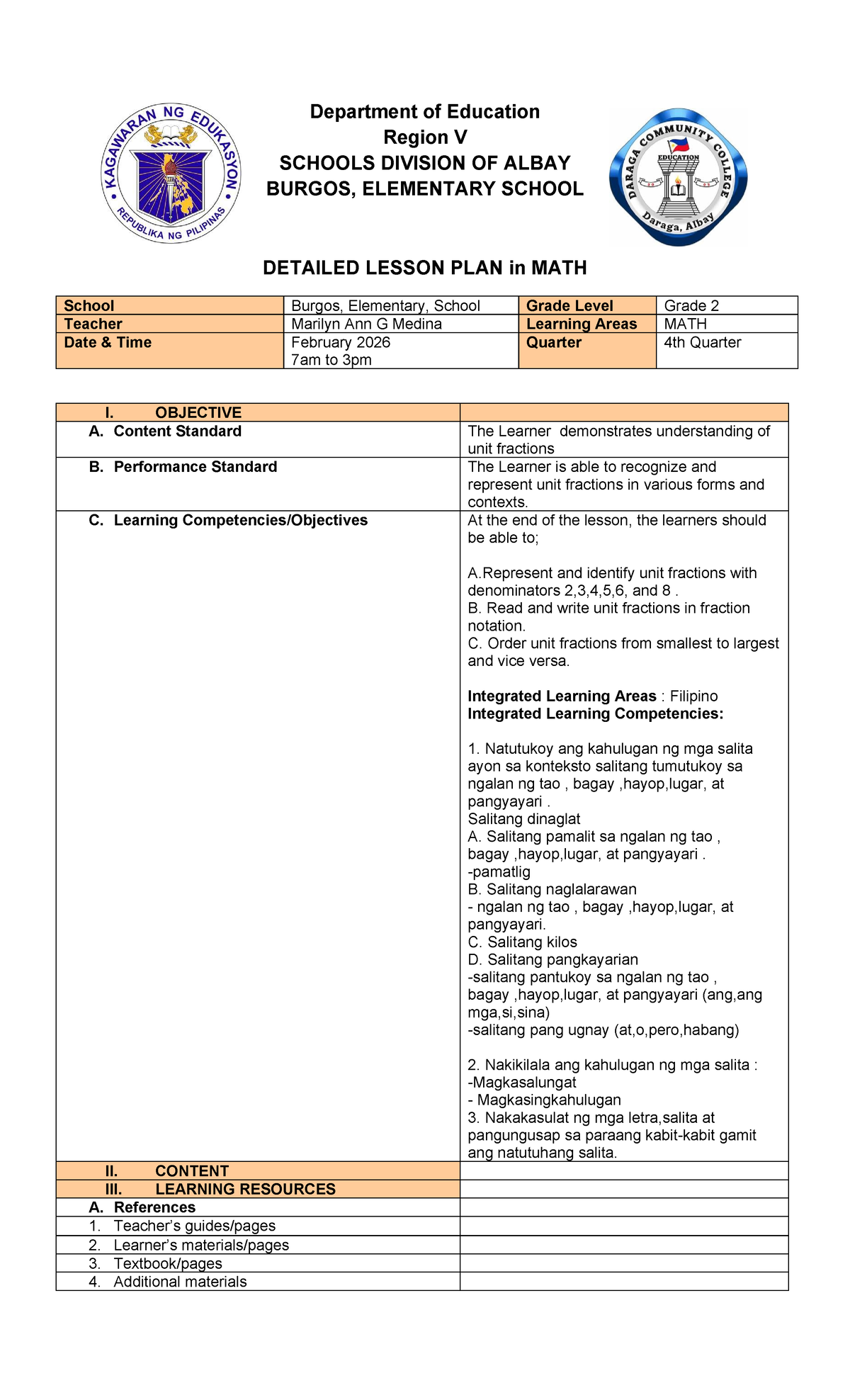Detailed Lesson Plan for Grade 2 Math: Unit Fractions (4Q) - Studocu