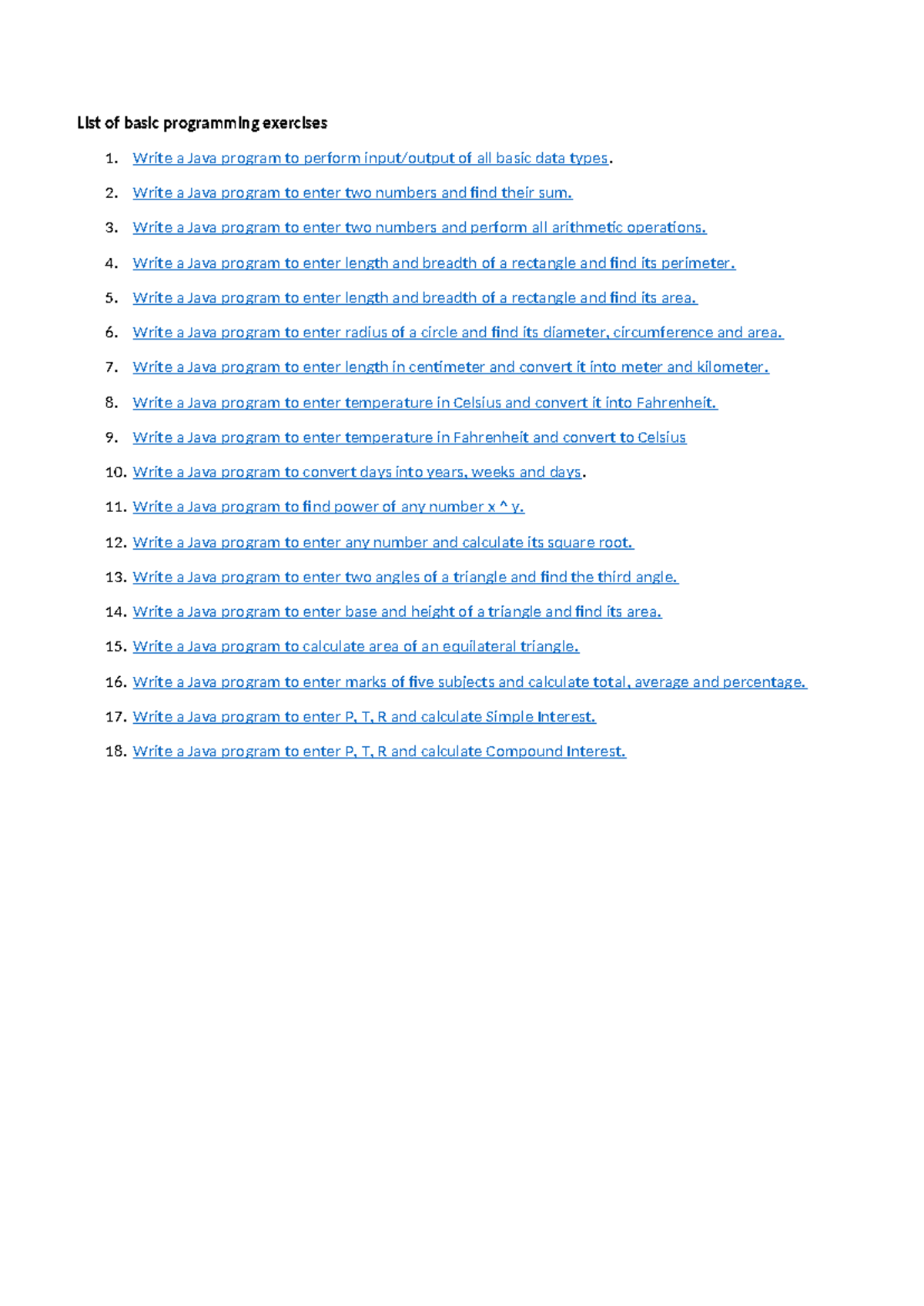 Java Programming Exercises: Basic Concepts and Operations - Studocu