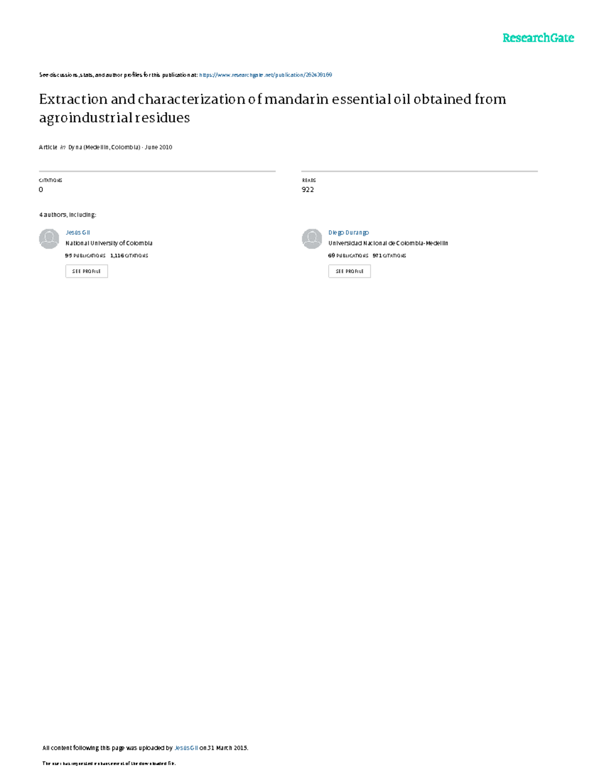 Extraction and Characterization of Mandarin Essential Oil from ...