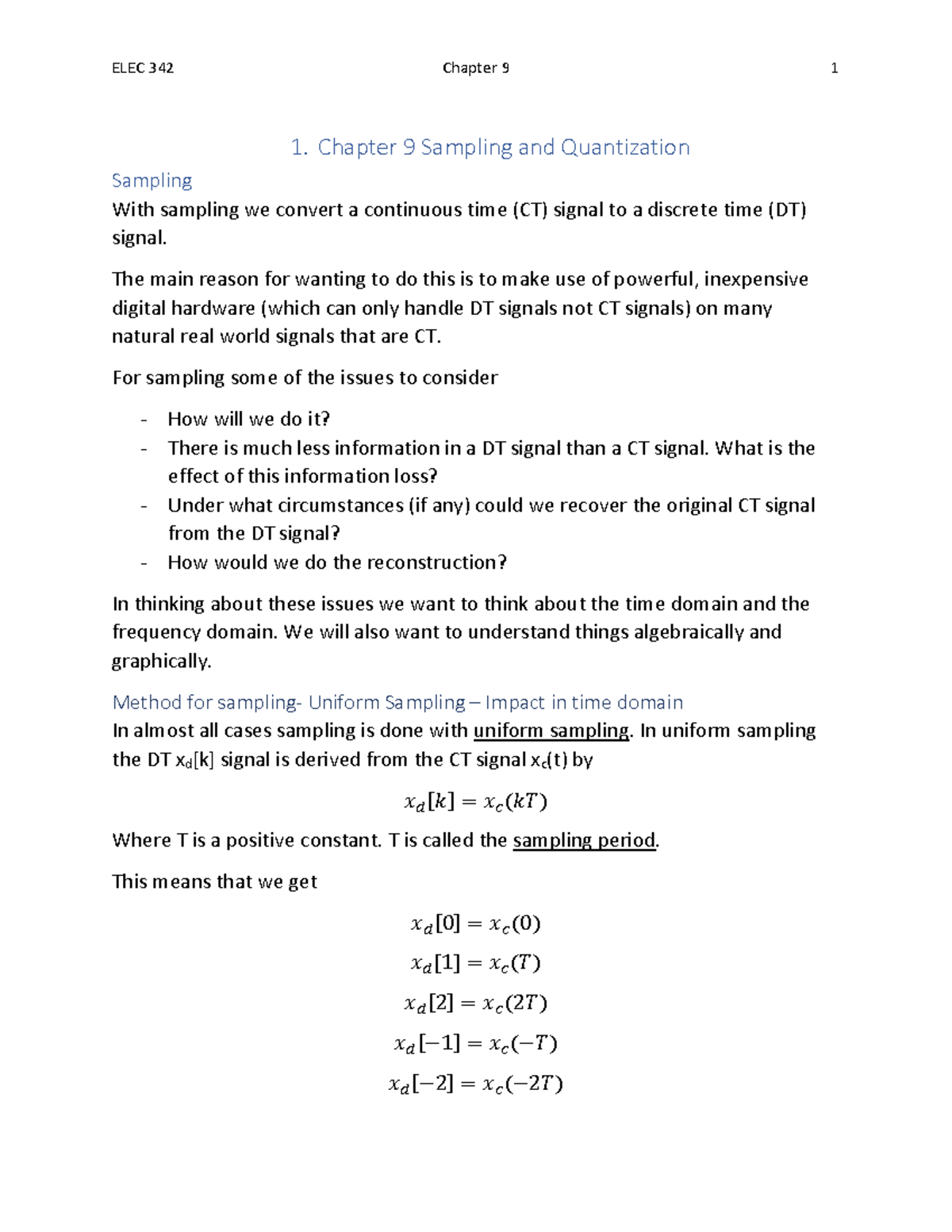 Elec 342 notes ch 9 - 1. Chapter 9 Sampling and Quantization Sampling ...