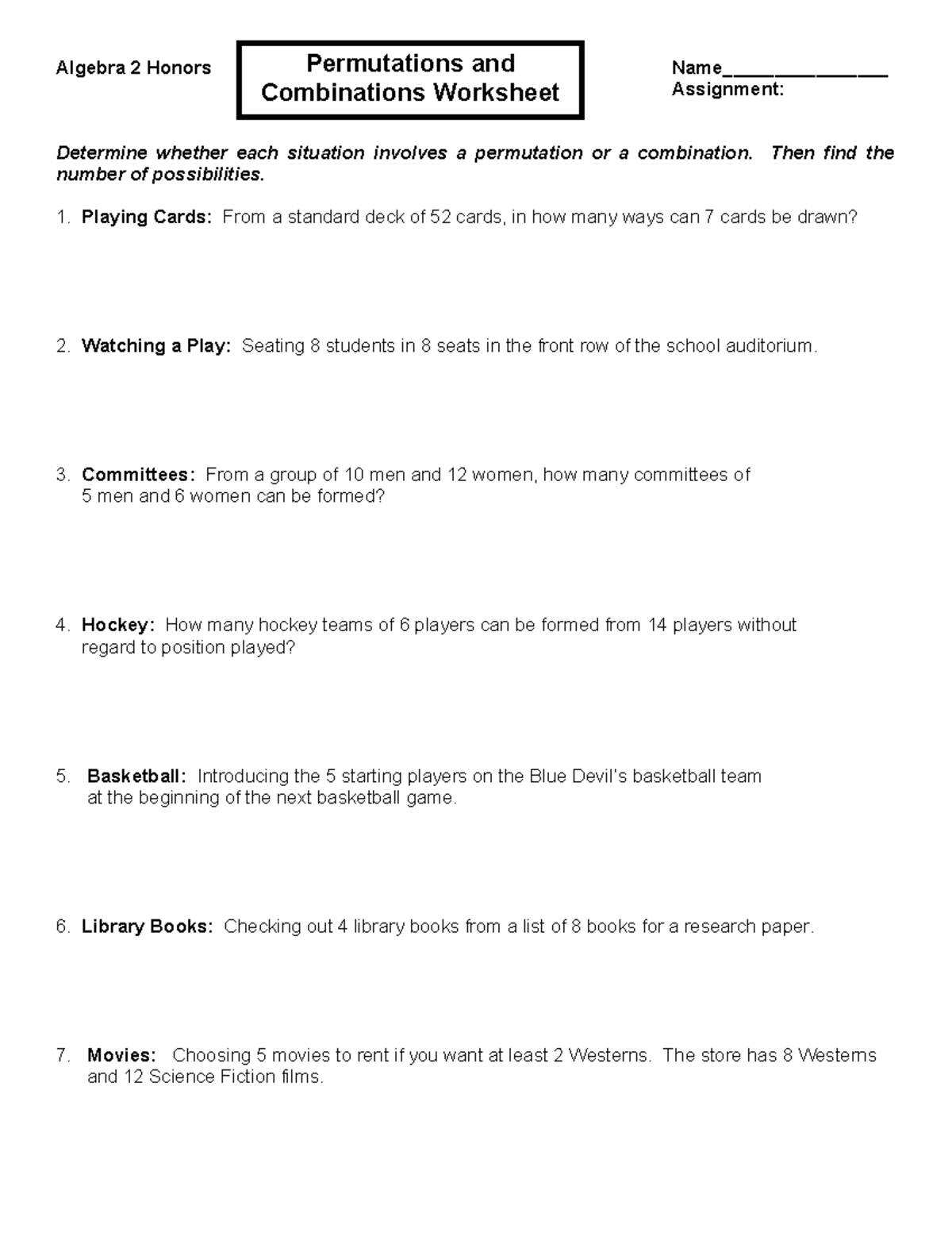 Permutations and Combinations Worksheet - Algebra 2 Honors Name ...