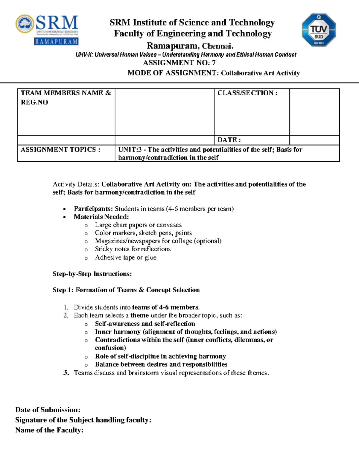 UHV Assisgnment-7 - Assignment - SRM Institute of Science and ...