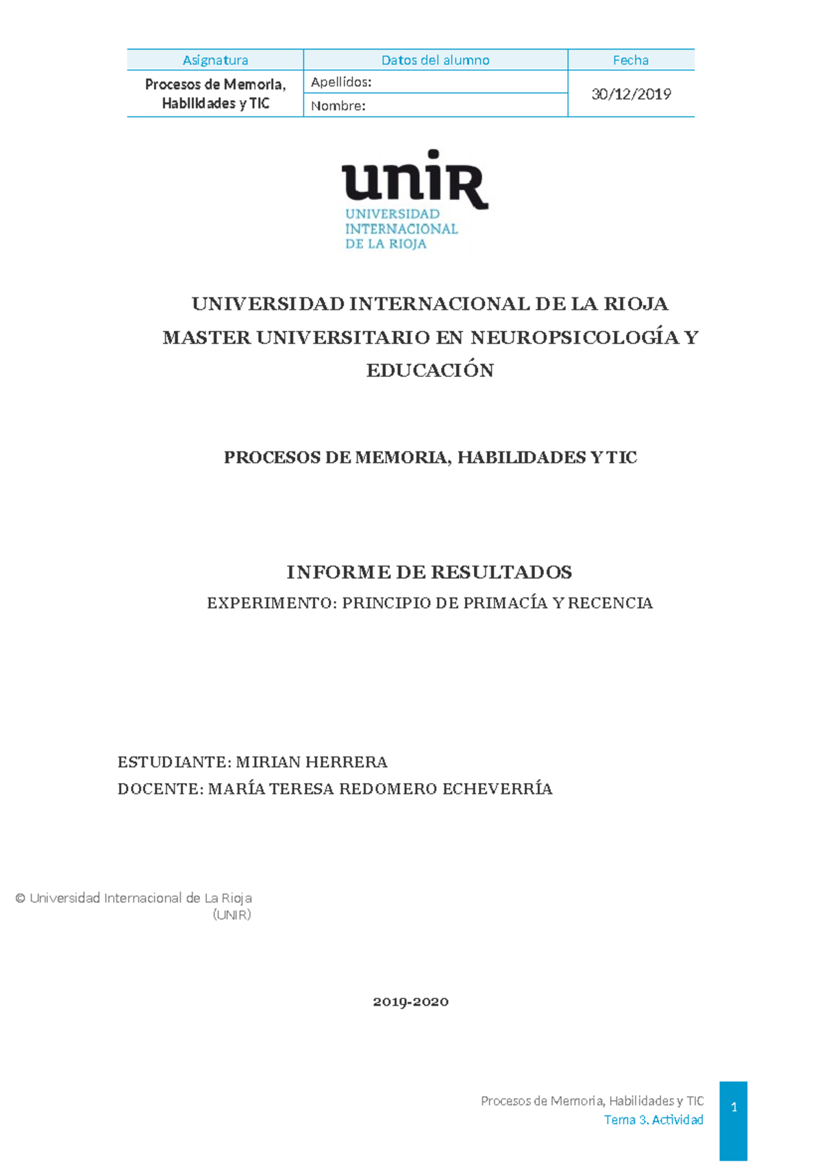 Informe de Resultados: Efecto de Primacía y Recencia en Memoria (UNIR ...