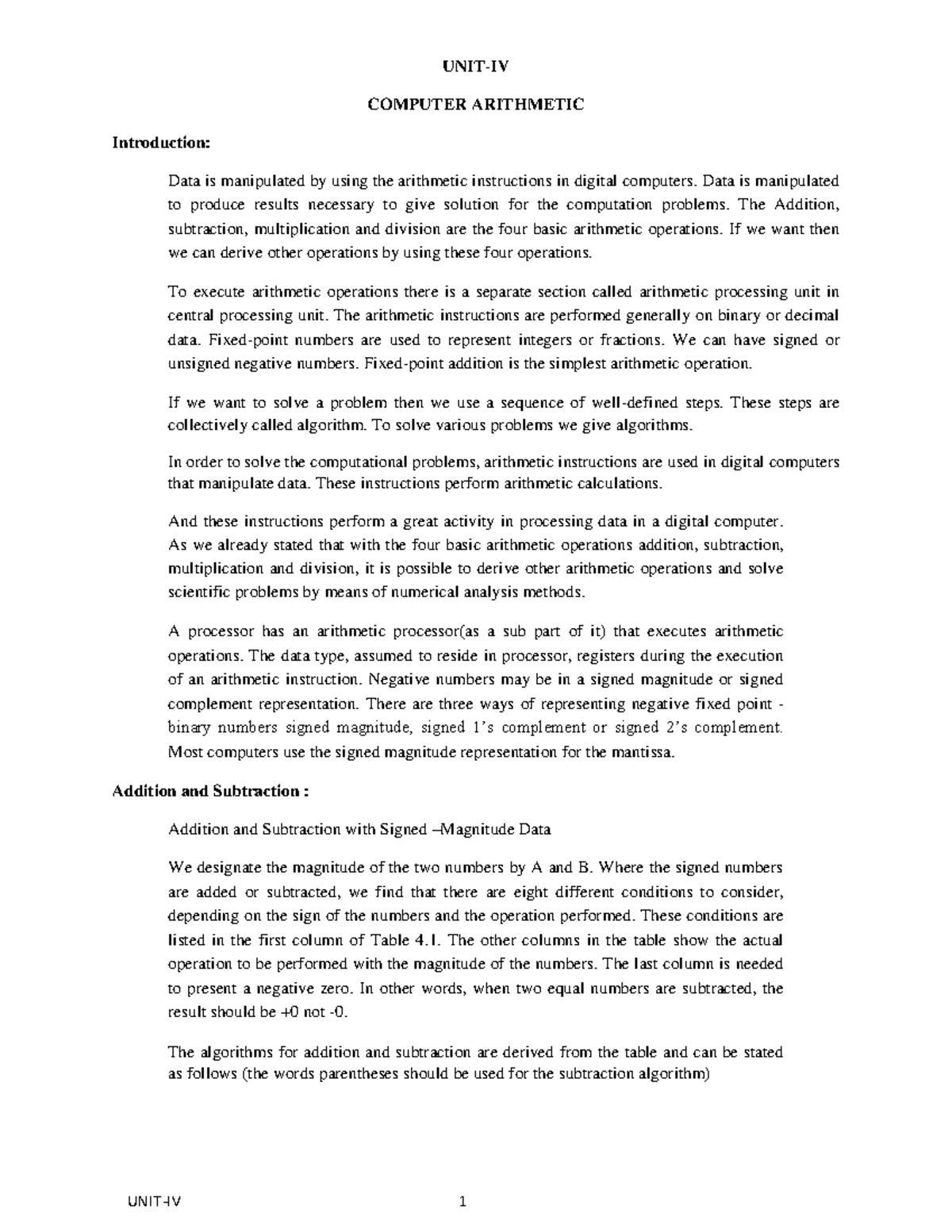 COMPUTER ARITHMETIC: UNIT 4 Overview and Key Concepts - Studocu