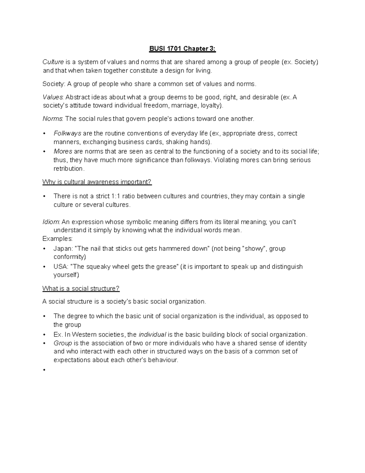 Chapter 3 Notes - BUSI 1 701 Chapter 3: Culture is a system of values ...