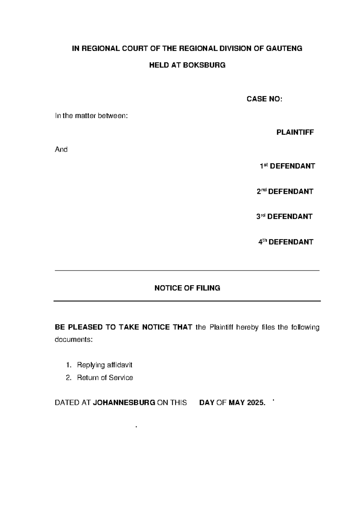 Filing notice example - 314 - IN REGIONAL COURT OF THE REGIONAL ...