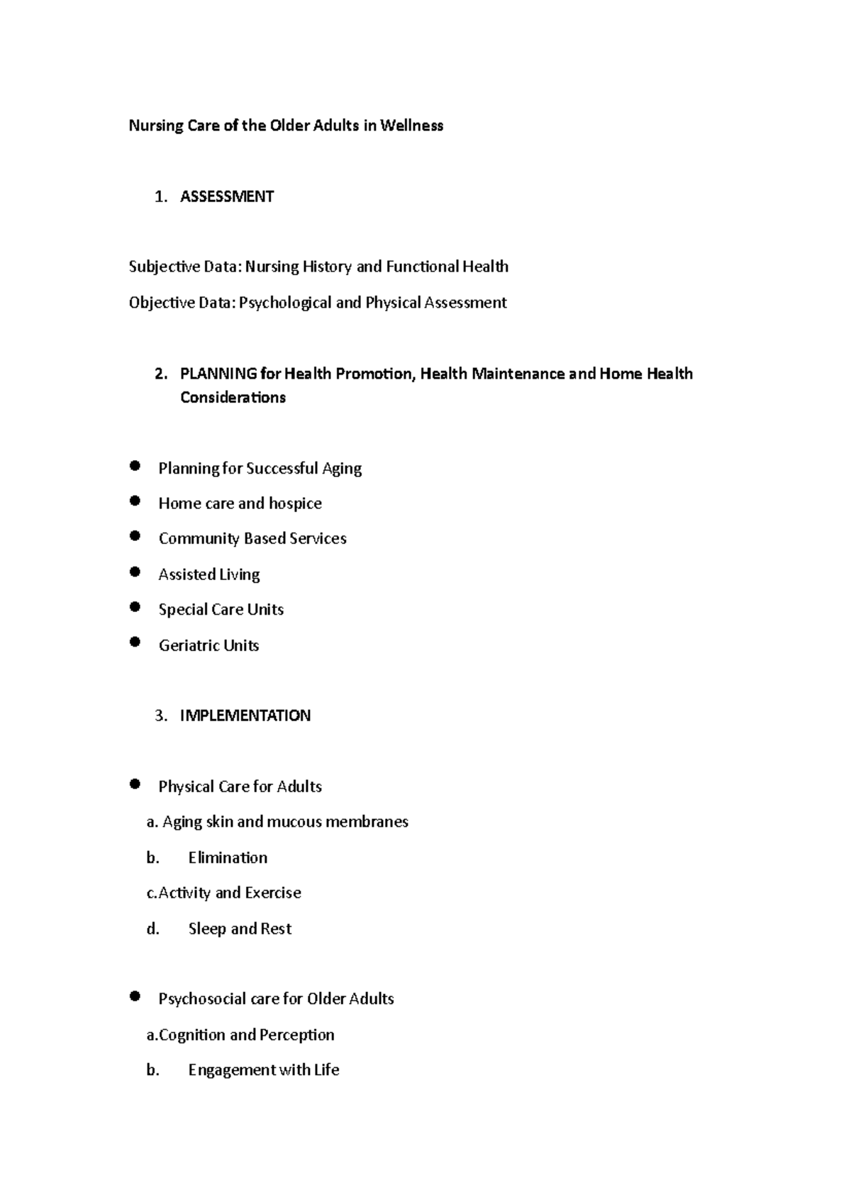 Nursing Care for Older Adults: Wellness Assessment and Planning - Studocu