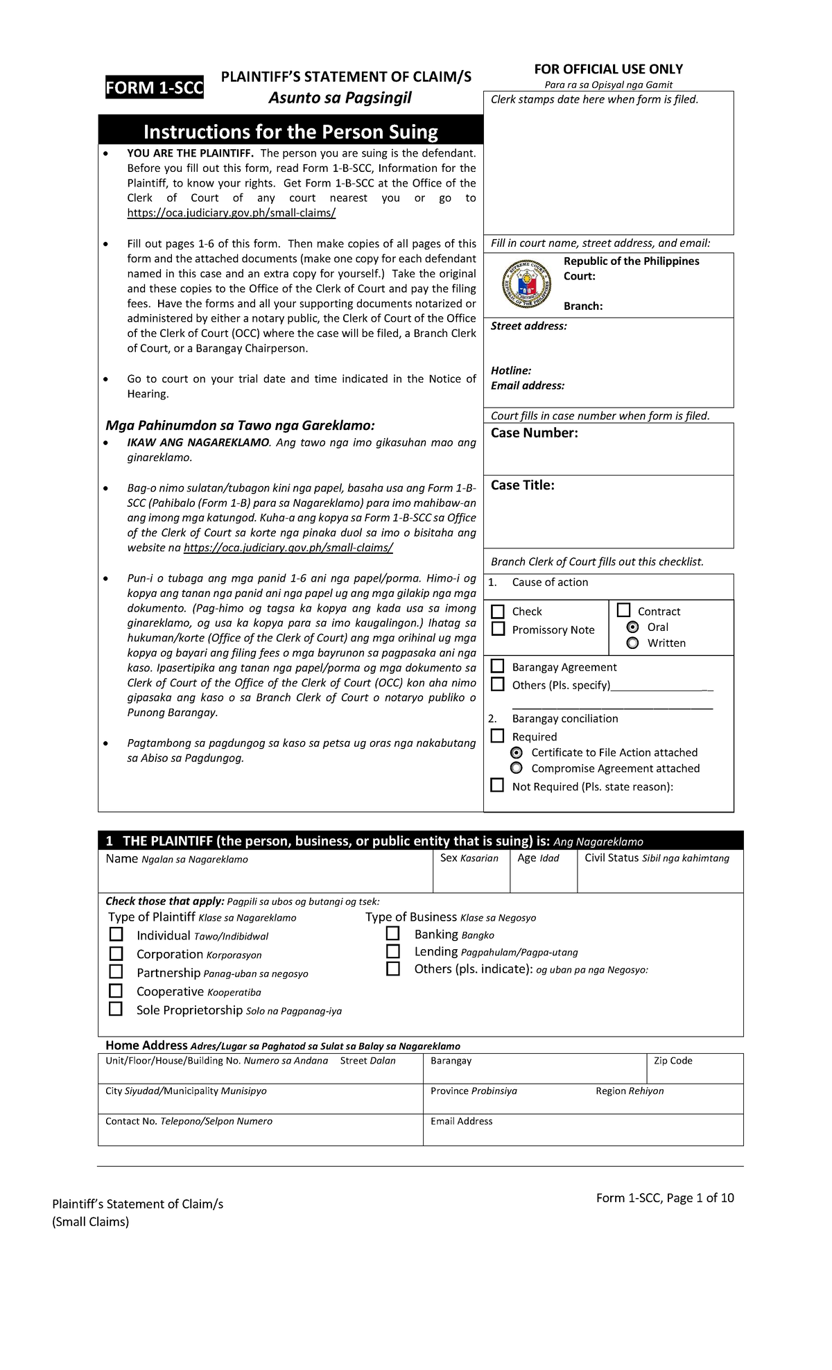 FORM 1-SCC: Plaintiff's Statement of Claim (Small Claims) - Studocu