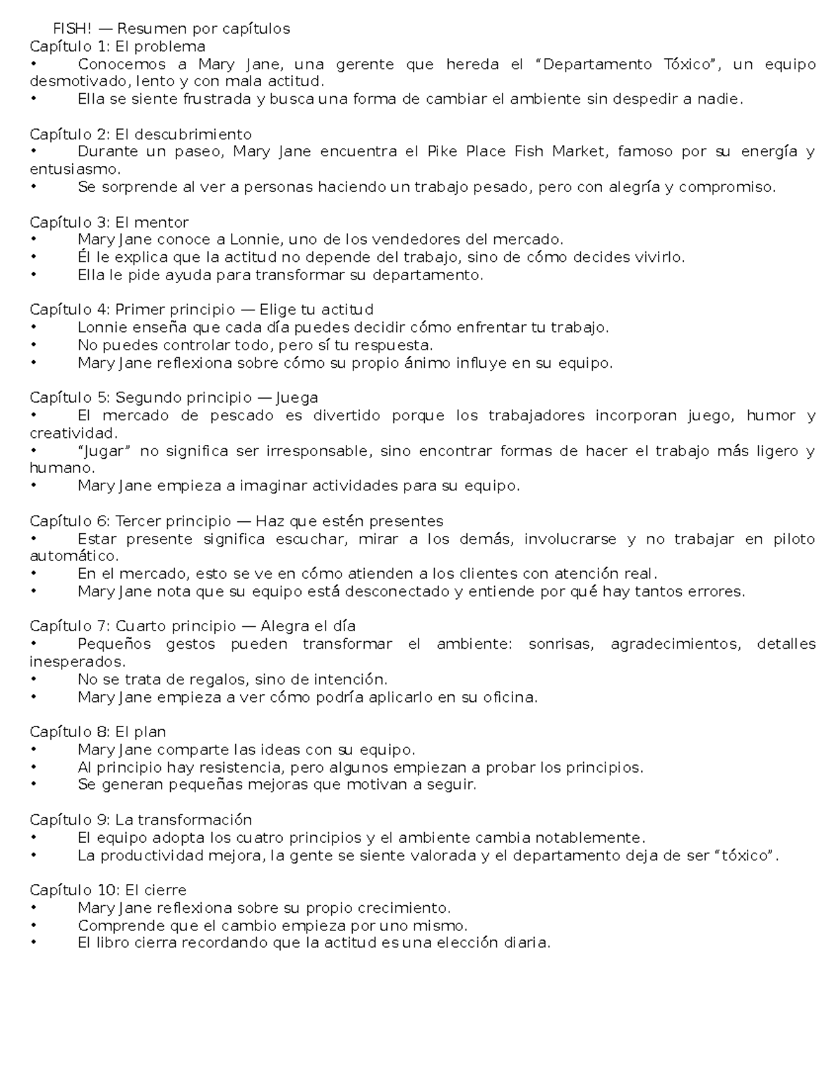FISH! Resumen por capítulos - Lectura recomendada - Studocu